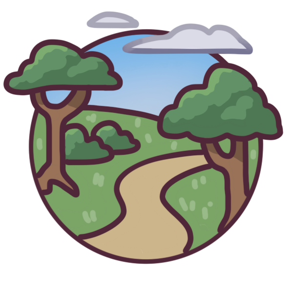 a circular symbol depicting a nature path with trees, clouds, bushes, and grass.